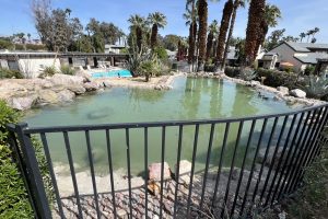 tennis tourist lost pueblos palm springs california pond fence